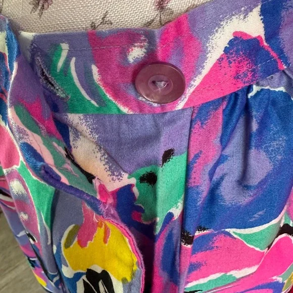 Vintage 80s 90s Floral Pleated Midi Long Skirt Lavender Pink Teal Cotton Size 14 - Picture 14 of 17